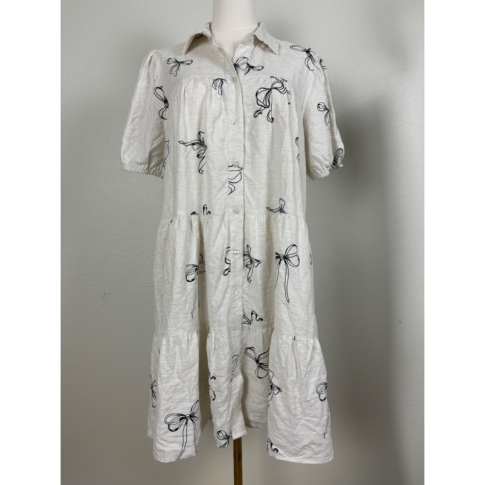 New Jane + Delancey Large Bow Print Tiered Shirt Dress Linen Blend Cream Black